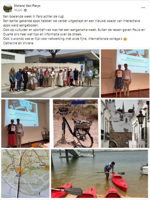 Een boeiende week in Faro achter de rug!
Een aantal gekende apps hebben we verder uitgediept en een nieuwe waaier van interactieve apps werd aangeboden.
Ook op cultureel en sportief vlak was het een aangename week. Buiten de lessen gaven Paulo en Duarte ons heel wat tips en informatie over de streek.
Ook ’s avonds was er tijd voor netwerking met onze fijne, internationale collega’s.
Catherine Vigoureux en Viviane Van Parys, leerkrachten