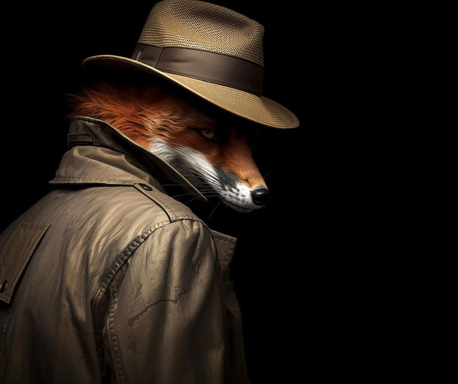 Afbeelding van een vos met een hoed op.